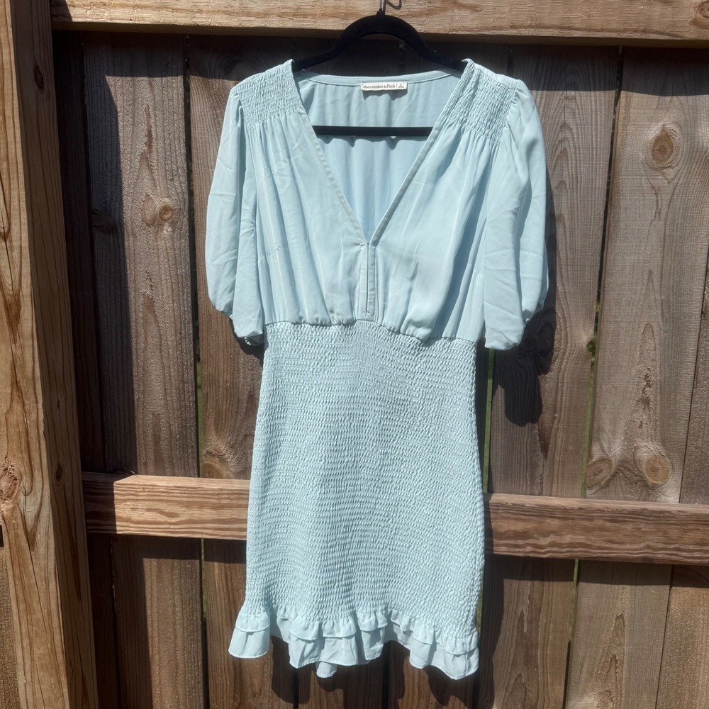 Abercrombie & Fitch Womens Smocked Mini Dress Light Blue V-Neck Ruffle Hem Large